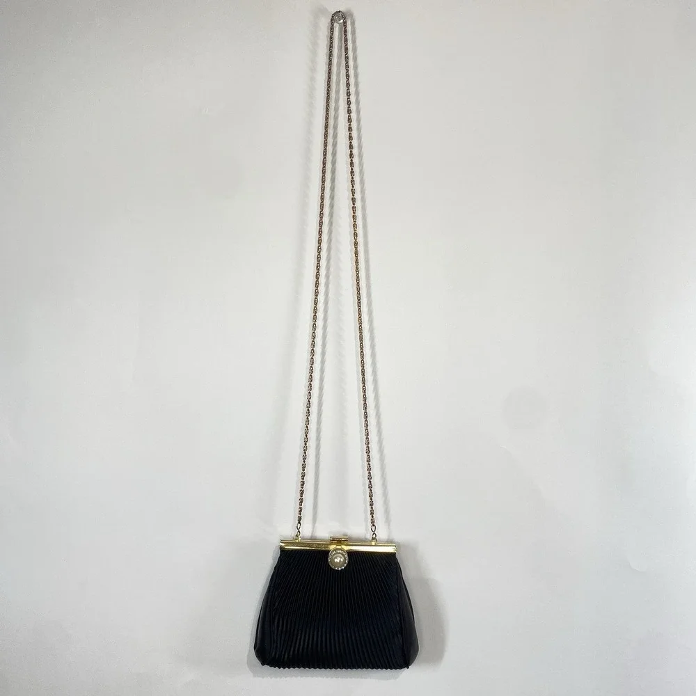 Womens Black Shoulder Chain Strap Pleated Mini Clutch Purse Party Wedding Guest